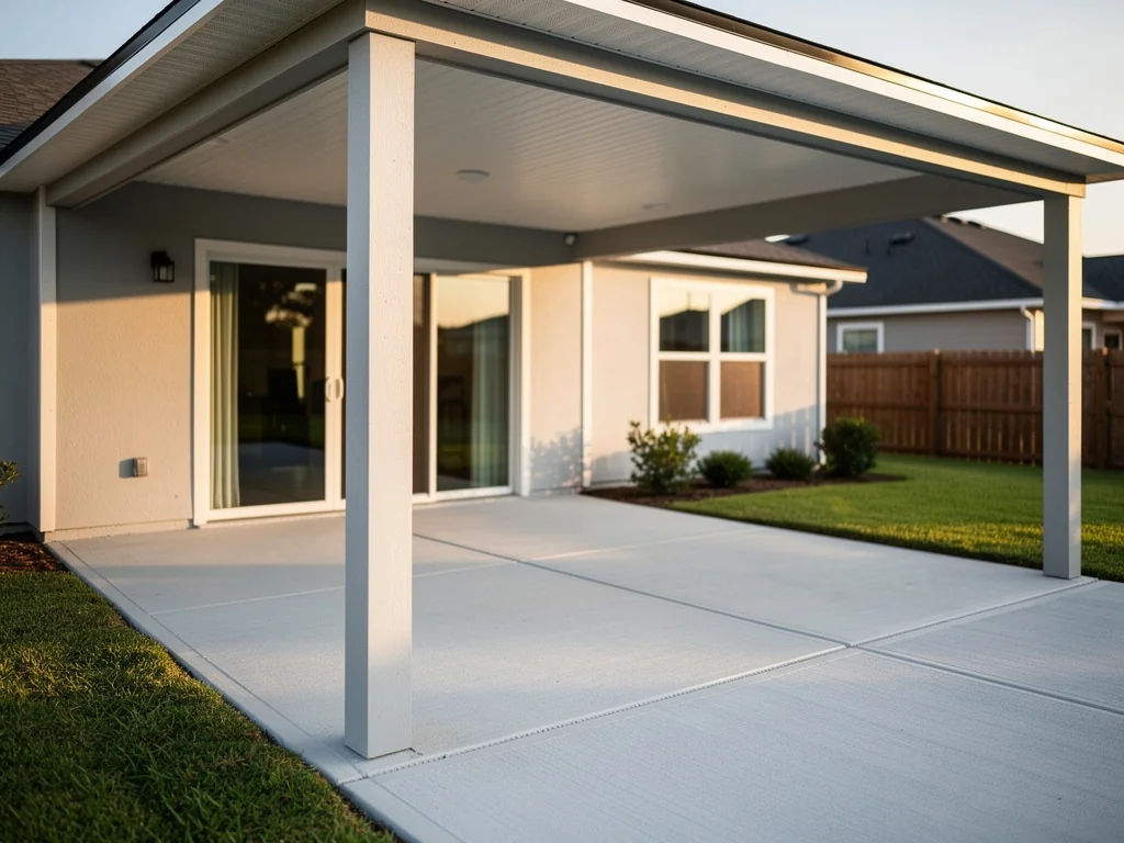 Decorative concrete patio in Katy Texas backyard
